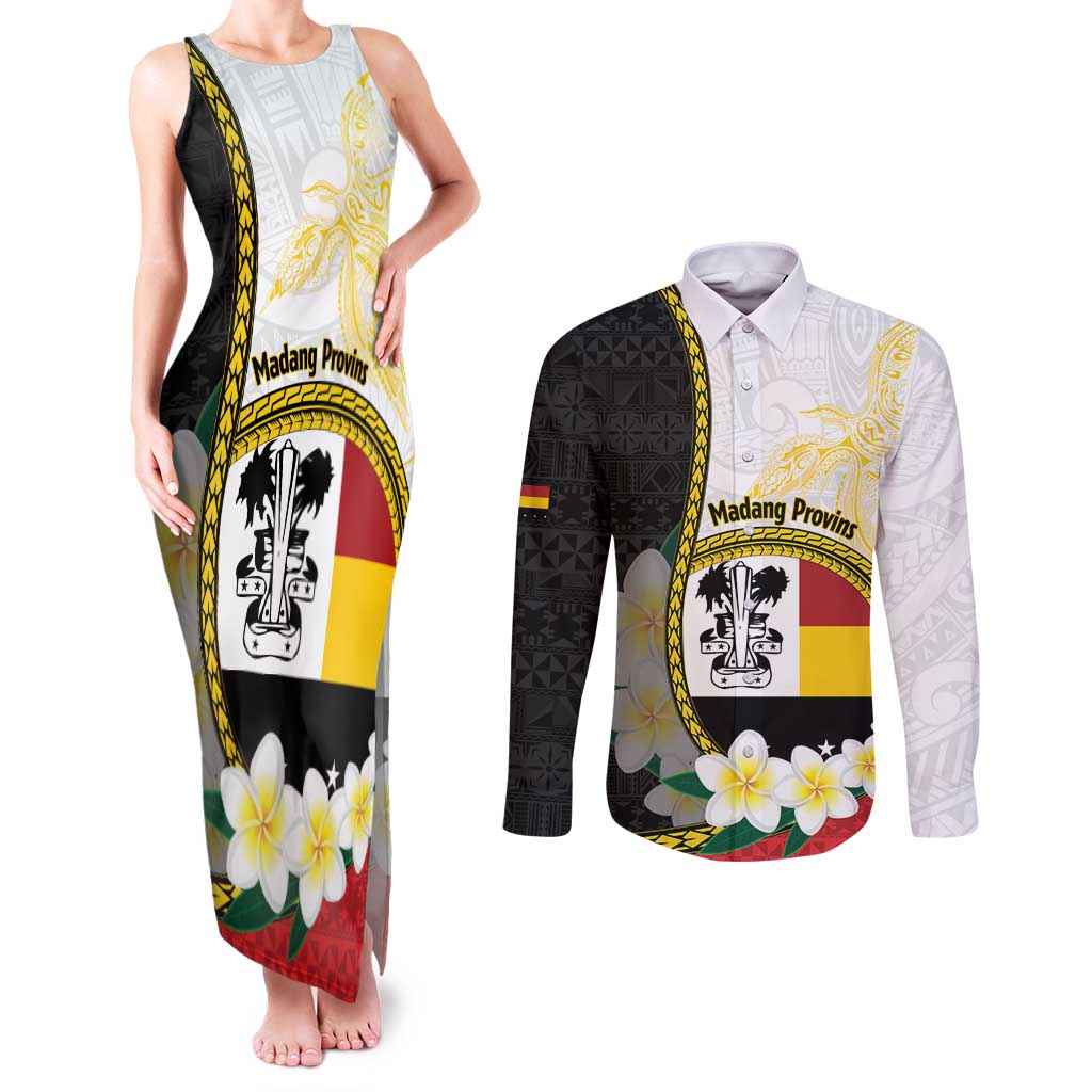 Personalised PNG Madang Provins Couples Matching Tank Maxi Dress and Long Sleeve Button Shirt Papua New Guinea Plumeria Melanesian Pattern - Polynesian Pride
