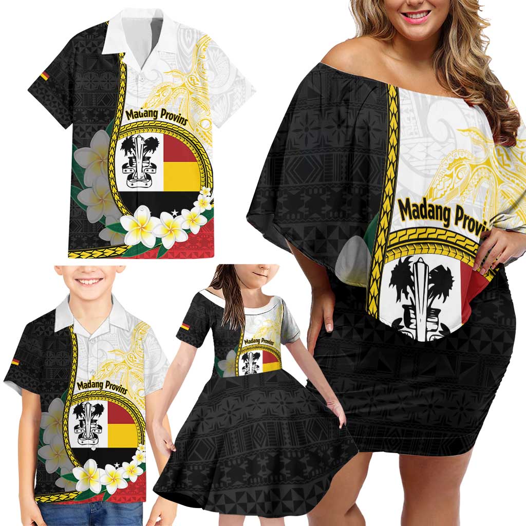 Personalised PNG Madang Provins Family Matching Off Shoulder Short Dress and Hawaiian Shirt Papua New Guinea Plumeria Melanesian Pattern - Polynesian Pride