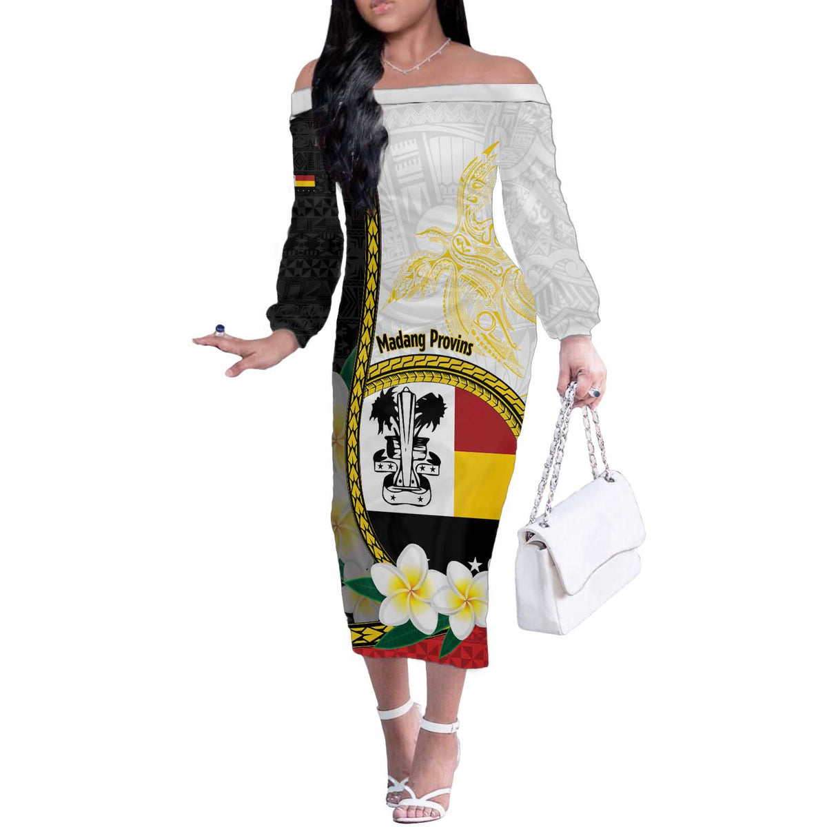 Personalised PNG Madang Provins Off The Shoulder Long Sleeve Dress Papua New Guinea Plumeria Melanesian Pattern - Polynesian Pride