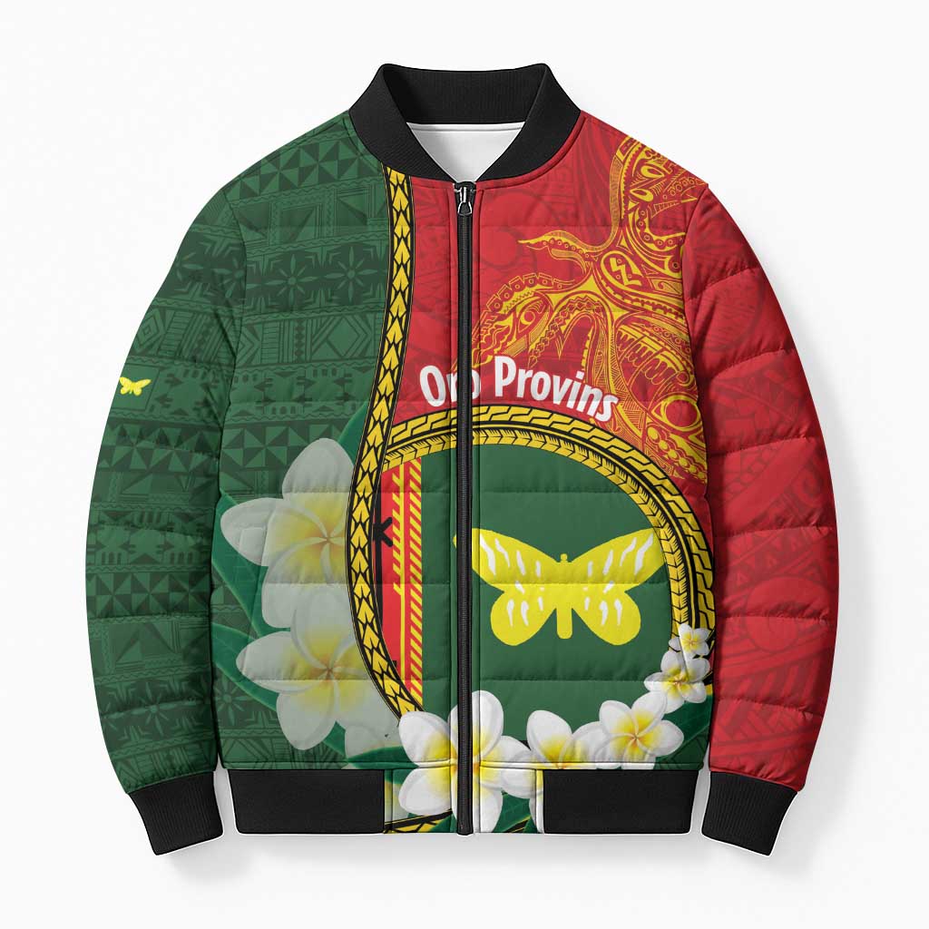 Personalised PNG Oro Provins Bomber Puffer Jacket Papua New Guinea Plumeria Melanesian Pattern - Polynesian Pride