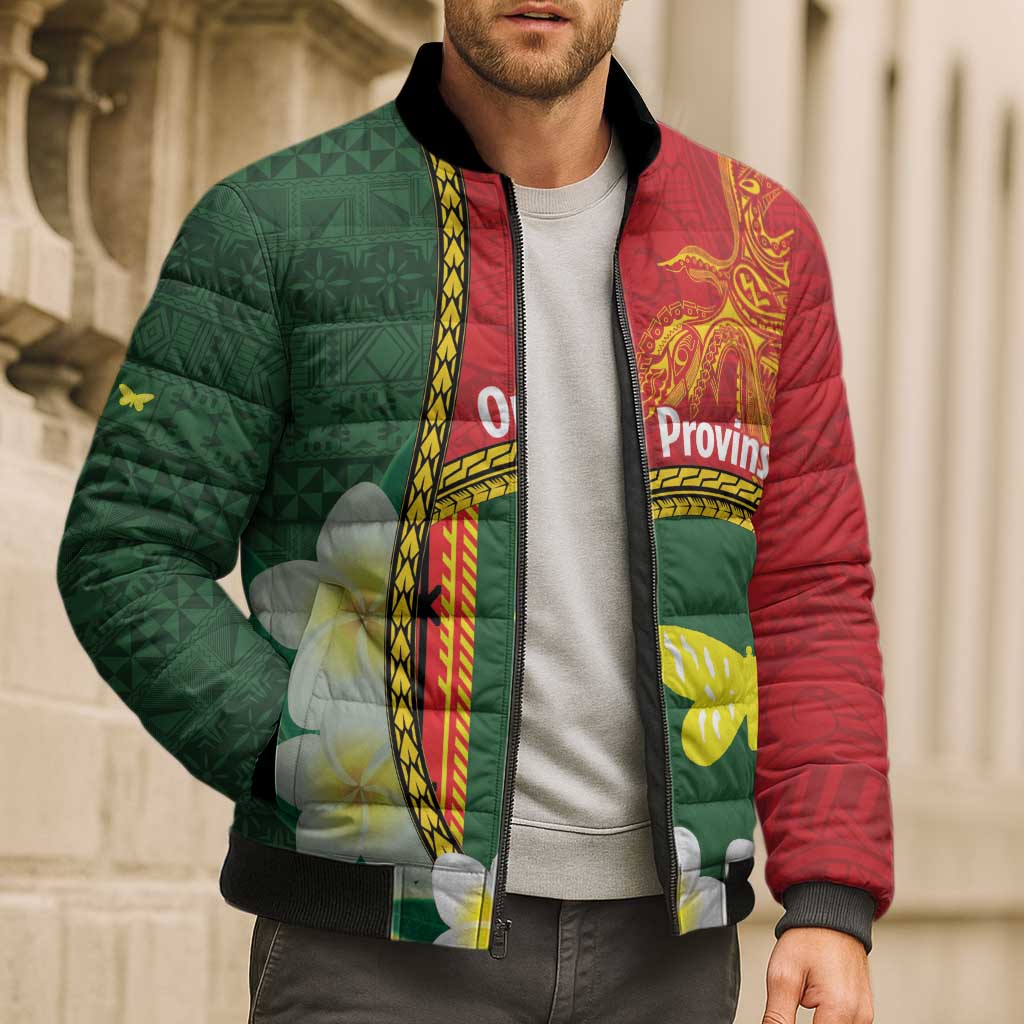 Personalised PNG Oro Provins Bomber Puffer Jacket Papua New Guinea Plumeria Melanesian Pattern - Polynesian Pride