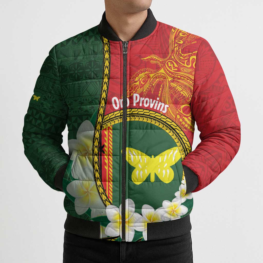 Personalised PNG Oro Provins Bomber Puffer Jacket Papua New Guinea Plumeria Melanesian Pattern - Polynesian Pride