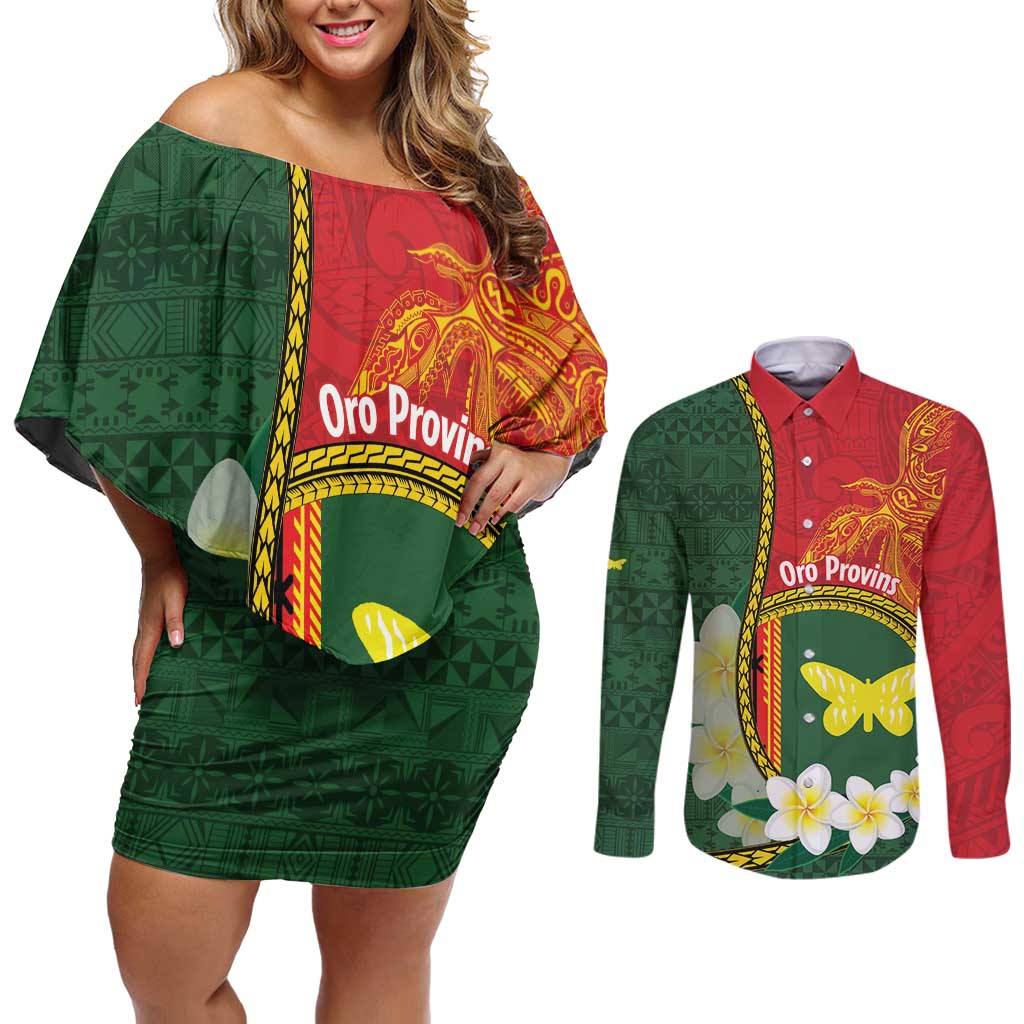 Personalised PNG Oro Provins Couples Matching Off Shoulder Short Dress and Long Sleeve Button Shirt Papua New Guinea Plumeria Melanesian Pattern - Polynesian Pride