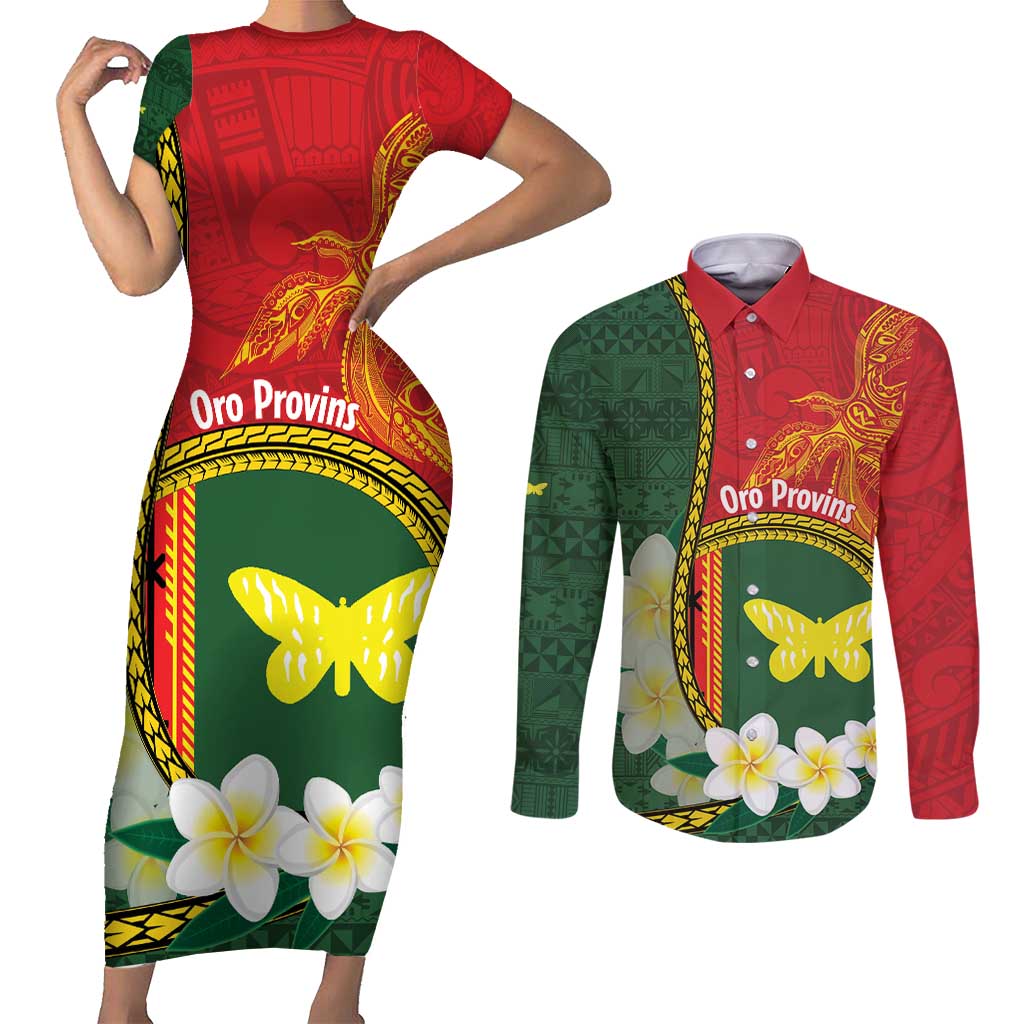 Personalised PNG Oro Provins Couples Matching Short Sleeve Bodycon Dress and Long Sleeve Button Shirt Papua New Guinea Plumeria Melanesian Pattern - Polynesian Pride