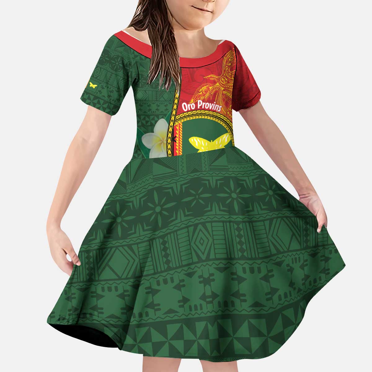 Personalised PNG Oro Provins Kid Short Sleeve Dress Papua New Guinea Plumeria Melanesian Pattern - Polynesian Pride