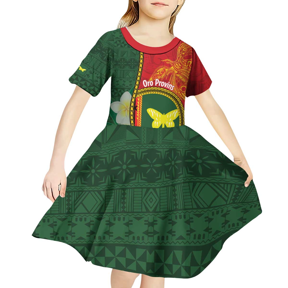 Personalised PNG Oro Provins Kid Short Sleeve Dress Papua New Guinea Plumeria Melanesian Pattern - Polynesian Pride