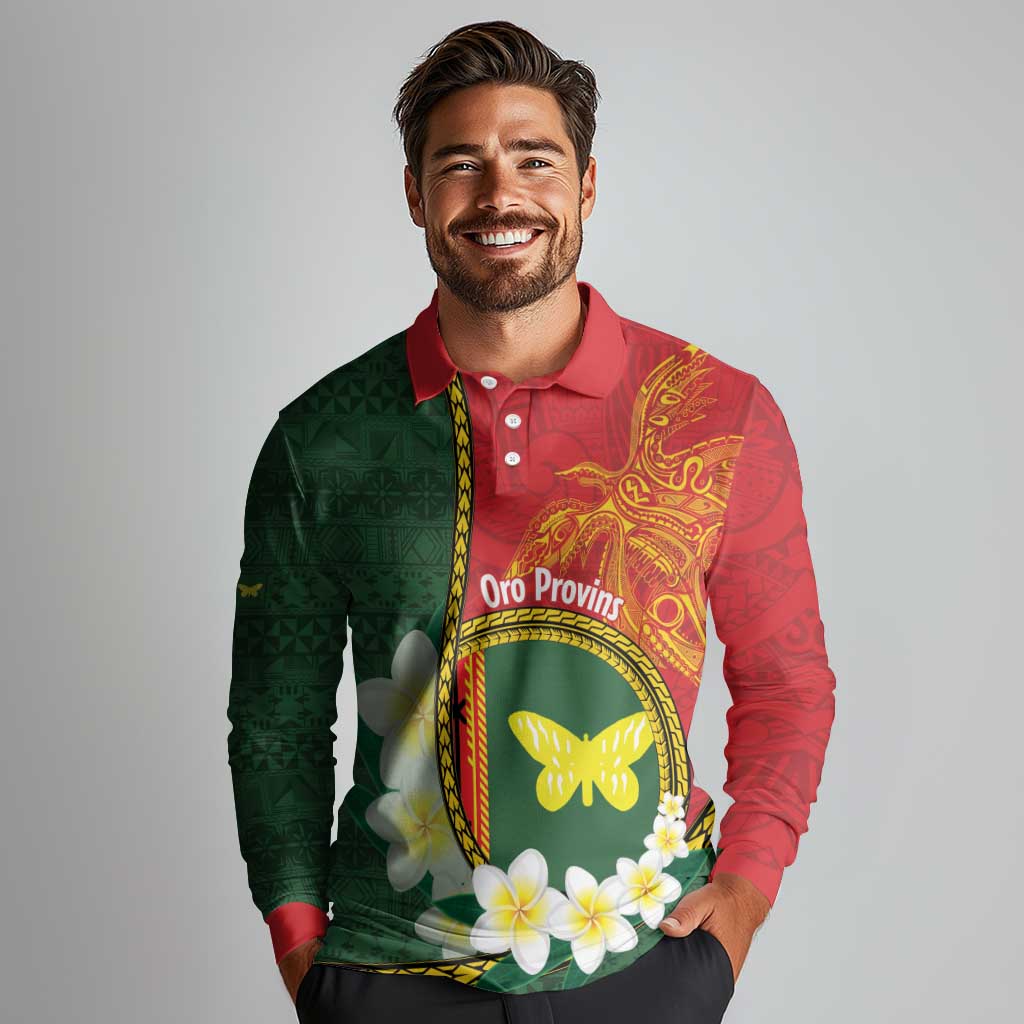 Personalised PNG Oro Provins Long Sleeve Polo Shirt Papua New Guinea Plumeria Melanesian Pattern - Polynesian Pride