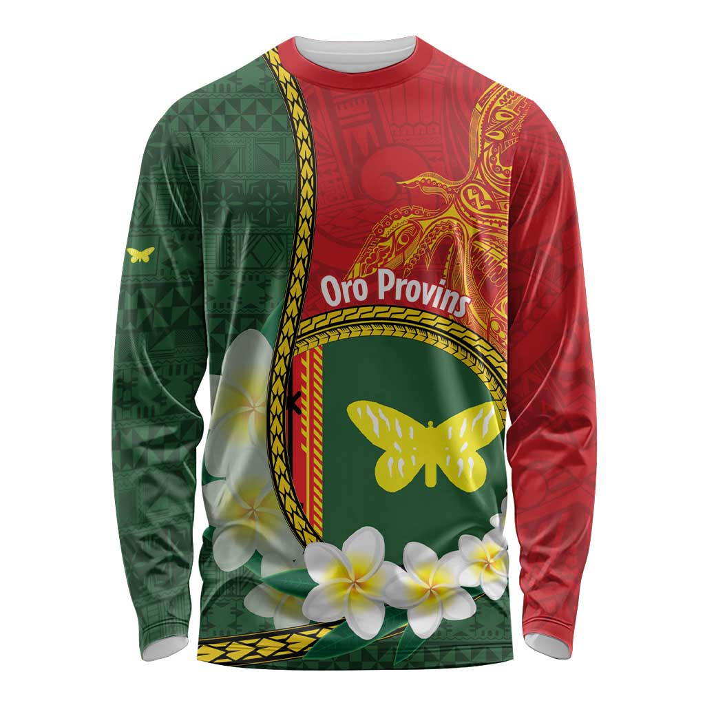 Personalised PNG Oro Provins Long Sleeve Shirt Papua New Guinea Plumeria Melanesian Pattern - Polynesian Pride