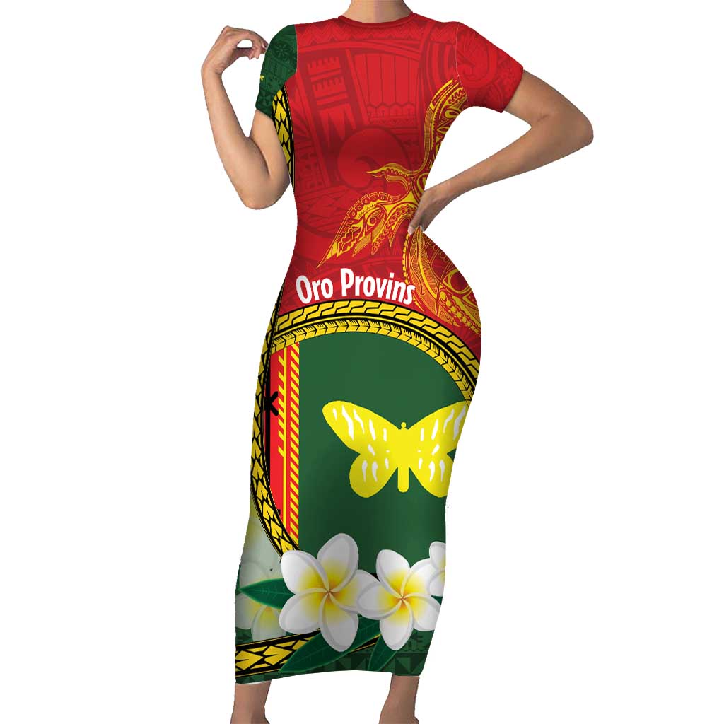 Personalised PNG Oro Provins Short Sleeve Bodycon Dress Papua New Guinea Plumeria Melanesian Pattern - Polynesian Pride