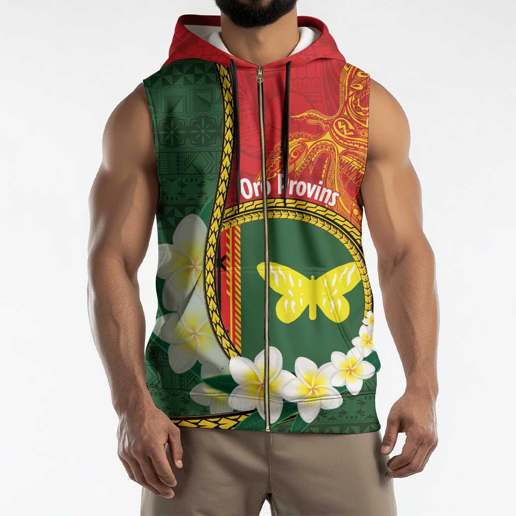 Personalised PNG Oro Provins Sleeveless Zip Hoodie Papua New Guinea Plumeria Melanesian Pattern - Polynesian Pride