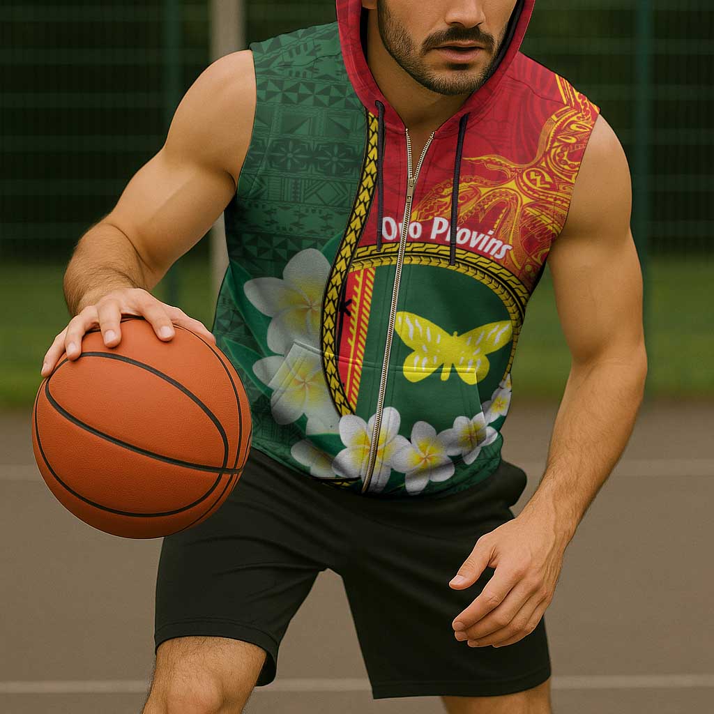 Personalised PNG Oro Provins Sleeveless Zip Hoodie Papua New Guinea Plumeria Melanesian Pattern - Polynesian Pride