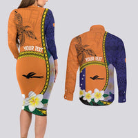 Personalised PNG Niu Ailan Couples Matching Long Sleeve Bodycon Dress and Long Sleeve Button Shirt Papua New Guinea Plumeria Melanesian Pattern - Polynesian Pride