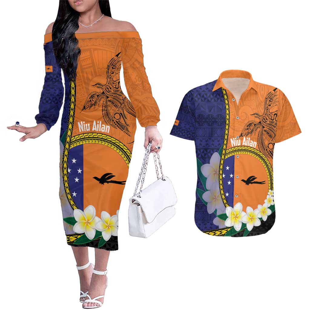 Personalised PNG Niu Ailan Couples Matching Off The Shoulder Long Sleeve Dress and Hawaiian Shirt Papua New Guinea Plumeria Melanesian Pattern - Polynesian Pride