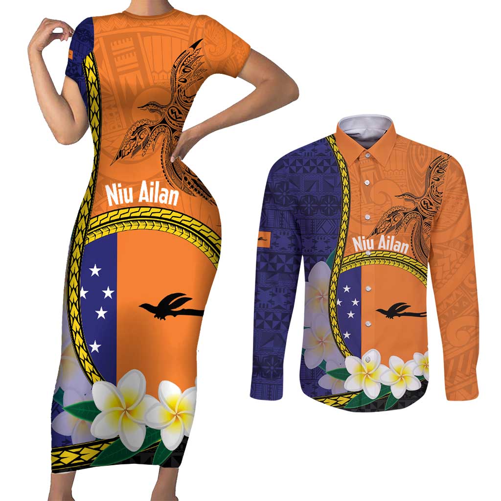 Personalised PNG Niu Ailan Couples Matching Short Sleeve Bodycon Dress and Long Sleeve Button Shirt Papua New Guinea Plumeria Melanesian Pattern - Polynesian Pride