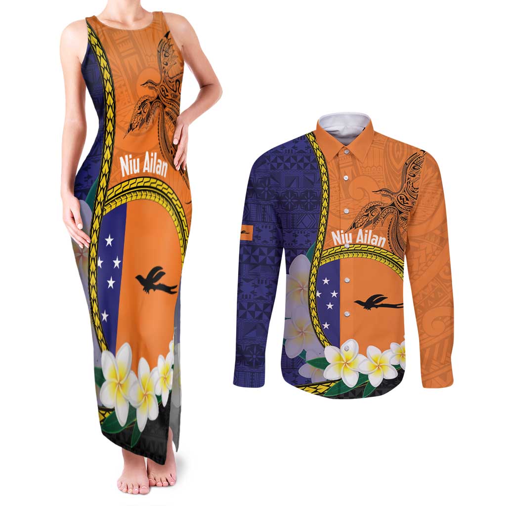 Personalised PNG Niu Ailan Couples Matching Tank Maxi Dress and Long Sleeve Button Shirt Papua New Guinea Plumeria Melanesian Pattern - Polynesian Pride