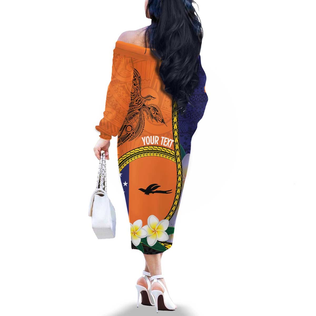 Personalised PNG Niu Ailan Family Matching Off The Shoulder Long Sleeve Dress and Hawaiian Shirt Papua New Guinea Plumeria Melanesian Pattern - Polynesian Pride