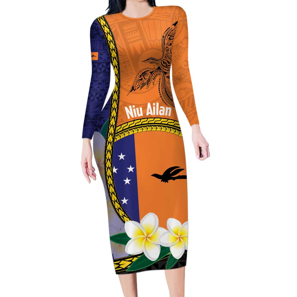 Personalised PNG Niu Ailan Long Sleeve Bodycon Dress Papua New Guinea Plumeria Melanesian Pattern - Polynesian Pride