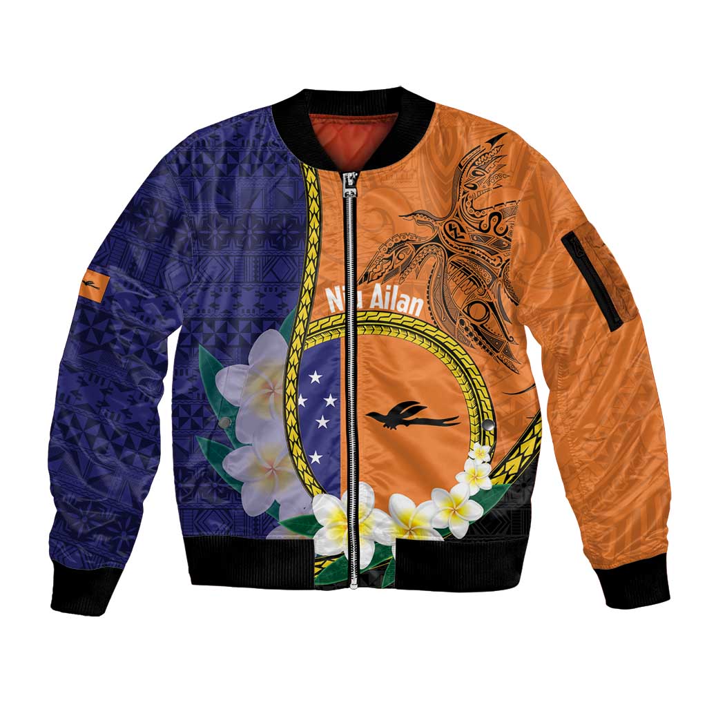 Personalised PNG Niu Ailan Sleeve Zip Bomber Jacket Papua New Guinea Plumeria Melanesian Pattern - Polynesian Pride