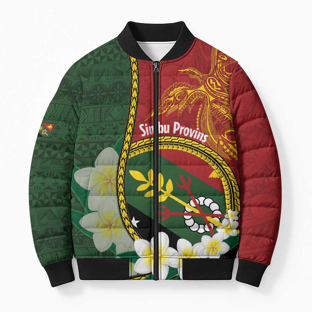 Personalised PNG Simbu Provins Bomber Puffer Jacket Papua New Guinea Plumeria Melanesian Pattern - Polynesian Pride