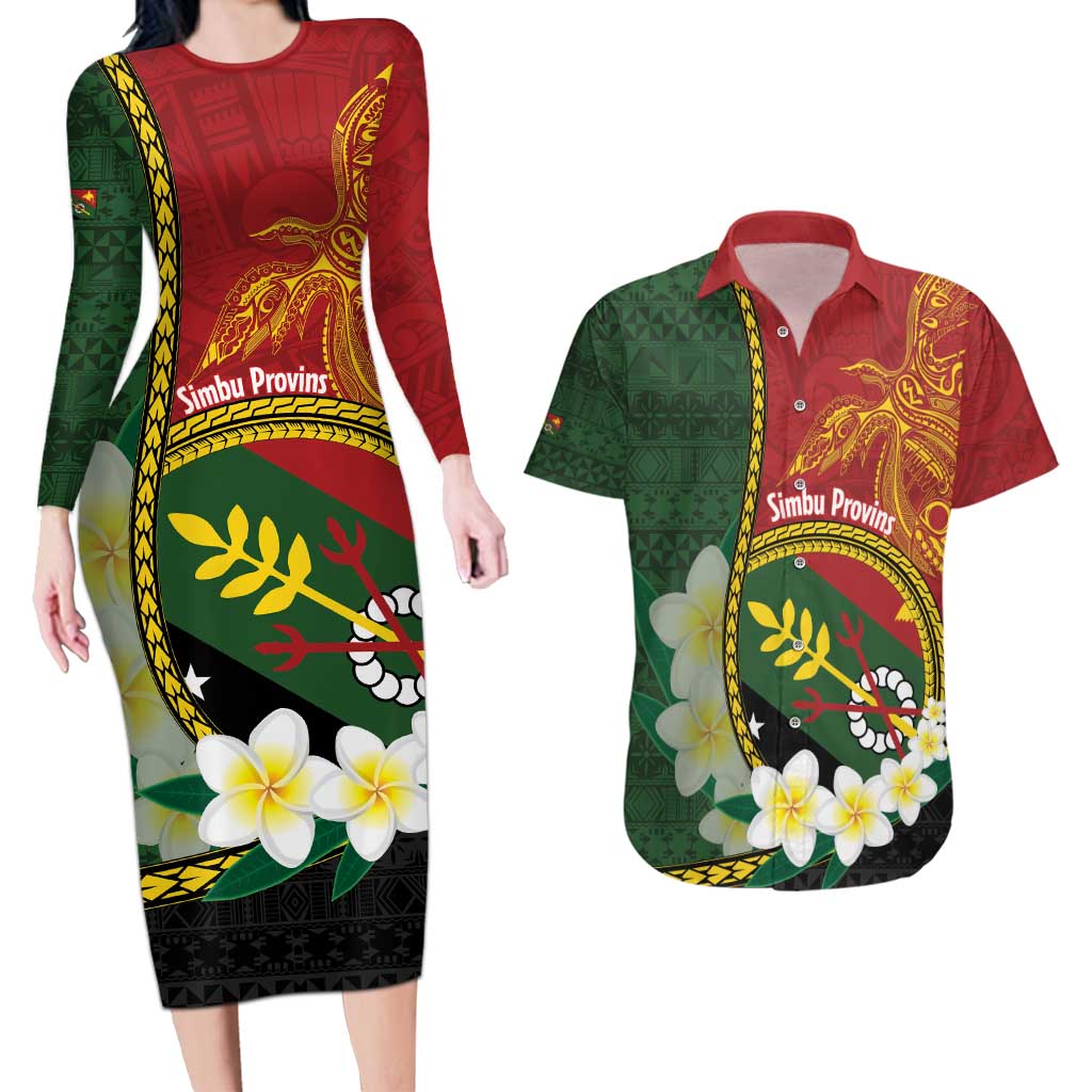 Personalised PNG Simbu Provins Couples Matching Long Sleeve Bodycon Dress and Hawaiian Shirt Papua New Guinea Plumeria Melanesian Pattern - Polynesian Pride