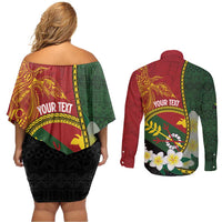 Personalised PNG Simbu Provins Couples Matching Off Shoulder Short Dress and Long Sleeve Button Shirt Papua New Guinea Plumeria Melanesian Pattern - Polynesian Pride