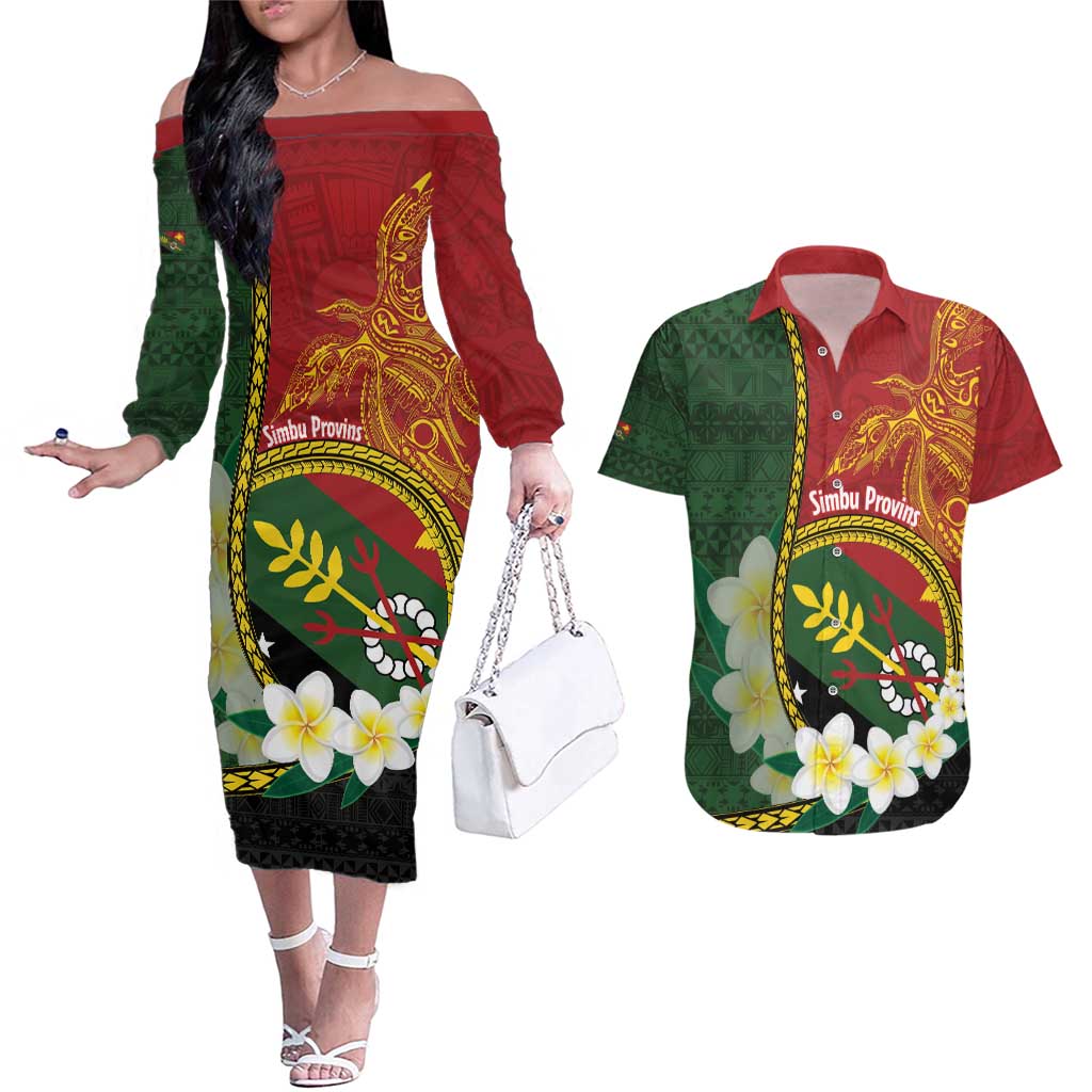 Personalised PNG Simbu Provins Couples Matching Off The Shoulder Long Sleeve Dress and Hawaiian Shirt Papua New Guinea Plumeria Melanesian Pattern - Polynesian Pride
