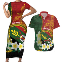 Personalised PNG Simbu Provins Couples Matching Short Sleeve Bodycon Dress and Hawaiian Shirt Papua New Guinea Plumeria Melanesian Pattern - Polynesian Pride