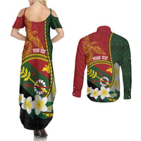 Personalised PNG Simbu Provins Couples Matching Summer Maxi Dress and Long Sleeve Button Shirt Papua New Guinea Plumeria Melanesian Pattern - Polynesian Pride