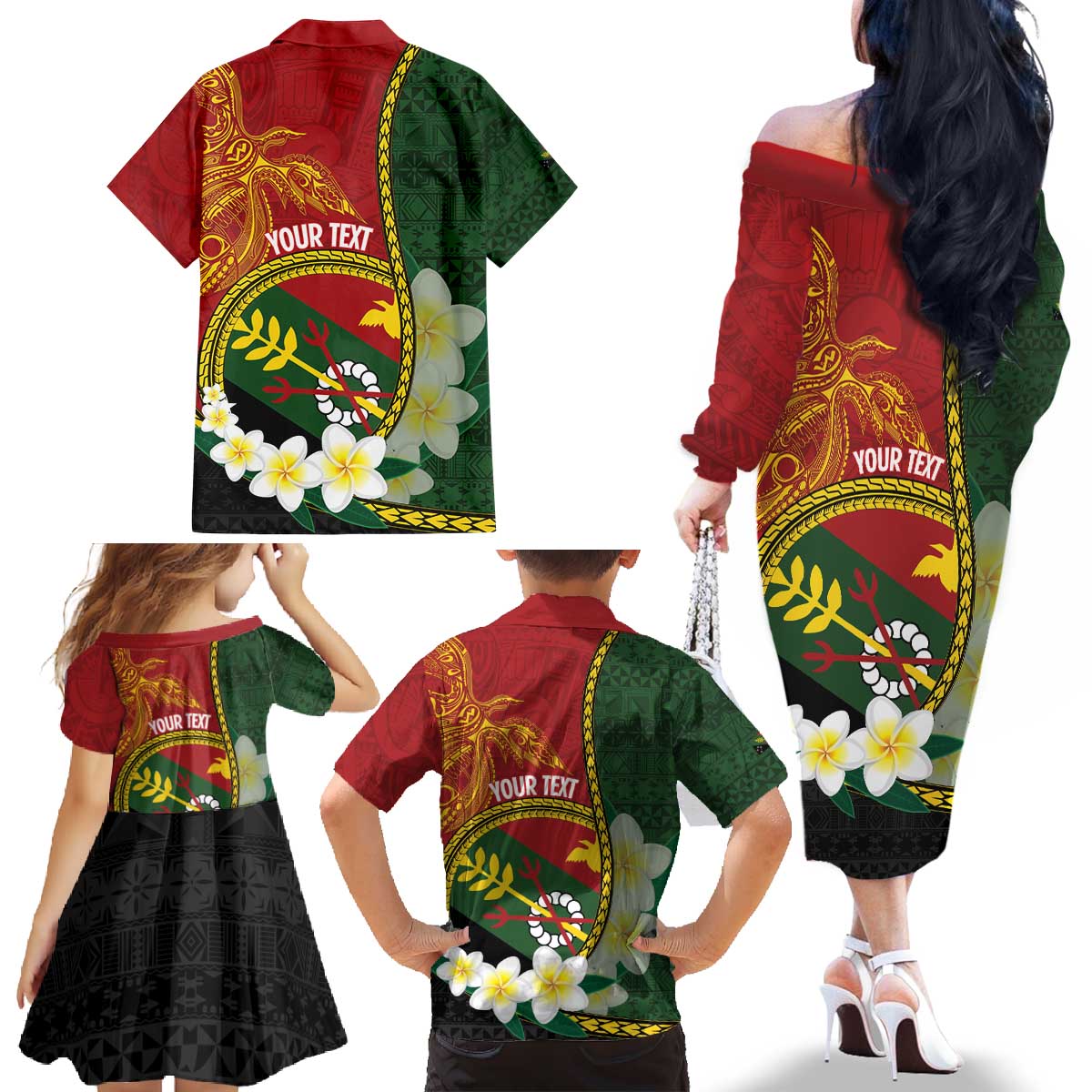 Personalised PNG Simbu Provins Family Matching Off The Shoulder Long Sleeve Dress and Hawaiian Shirt Papua New Guinea Plumeria Melanesian Pattern - Polynesian Pride