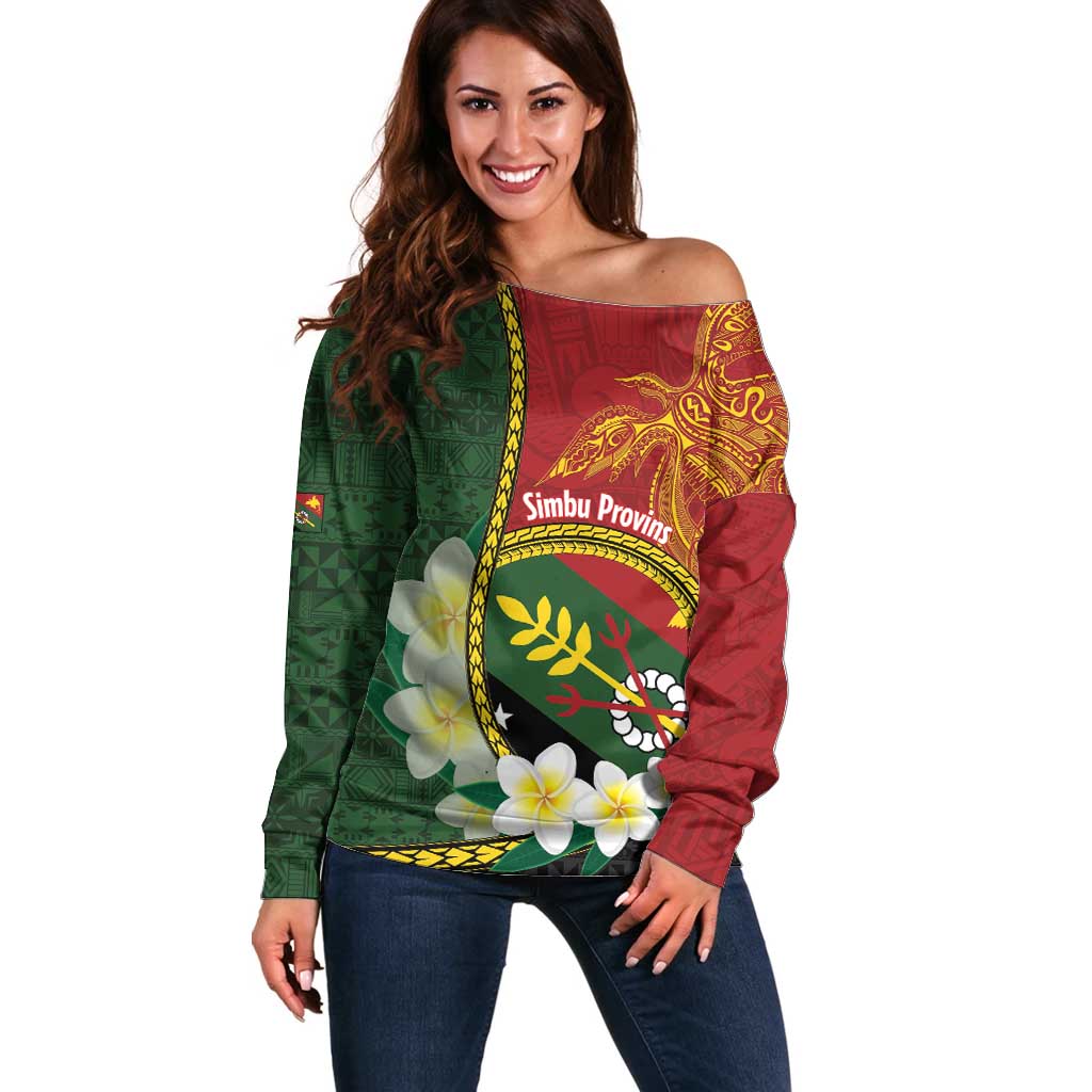 Personalised PNG Simbu Provins Off Shoulder Sweater Papua New Guinea Plumeria Melanesian Pattern - Polynesian Pride