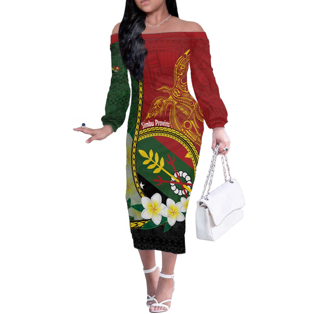 Personalised PNG Simbu Provins Off The Shoulder Long Sleeve Dress Papua New Guinea Plumeria Melanesian Pattern - Polynesian Pride