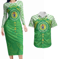 Cook Islands Manta Ray Couples Matching Long Sleeve Bodycon Dress and Hawaiian Shirt Kuki Airani Tattoo Green Color LT14 Green - Polynesian Pride
