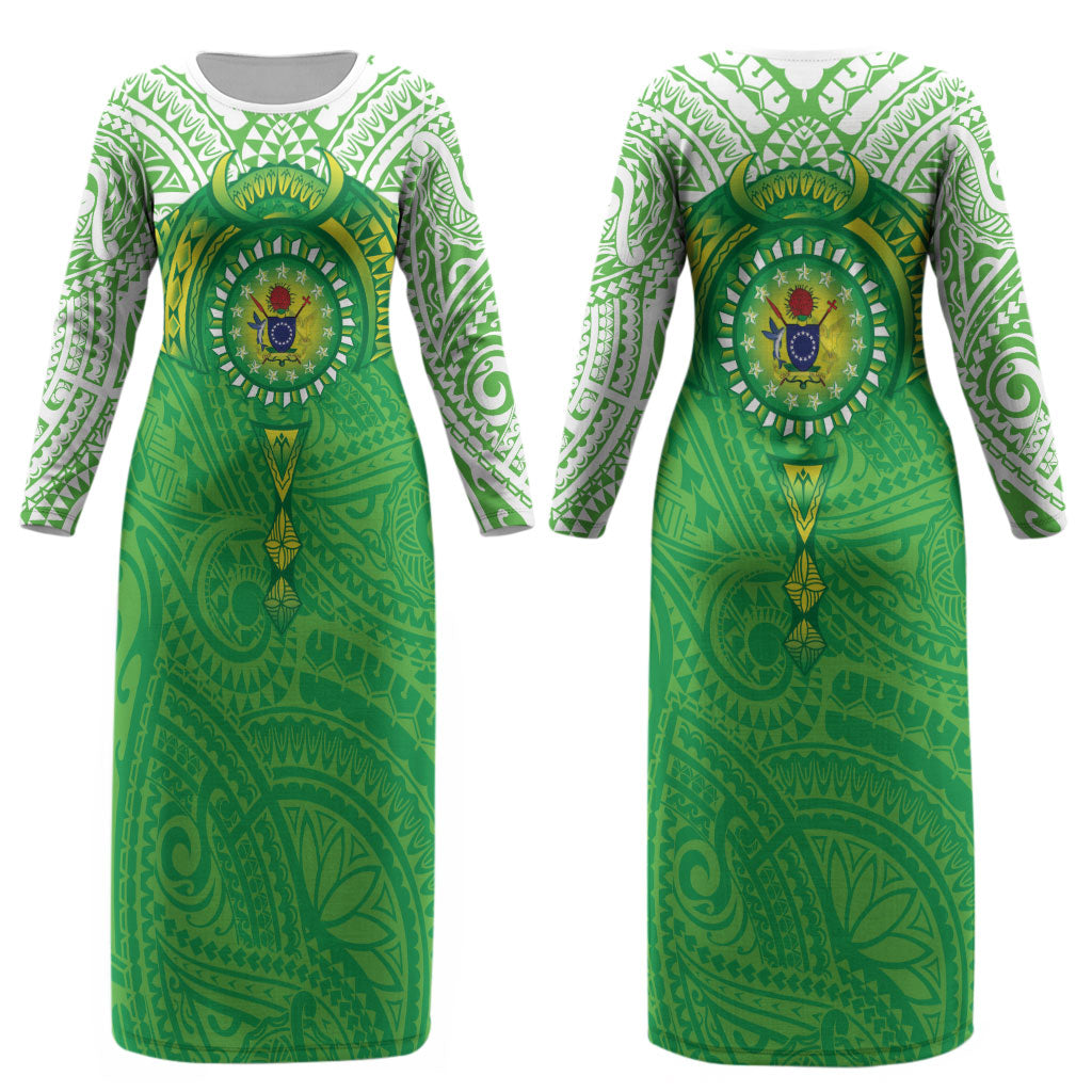 Cook Islands Manta Ray Couples Matching Long Sleeve Bodycon Dress and Hawaiian Shirt Kuki Airani Tattoo Green Color LT14 - Polynesian Pride
