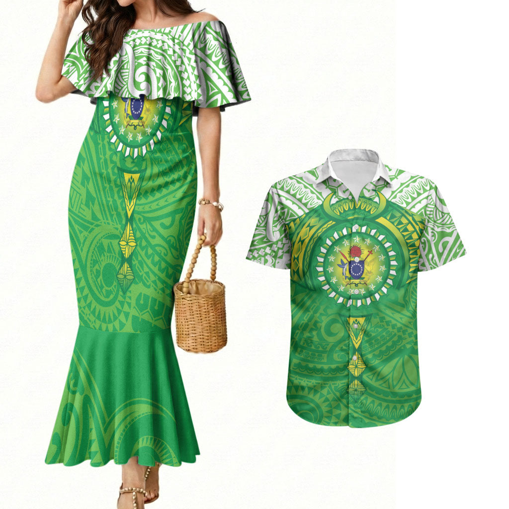 Cook Islands Manta Ray Couples Matching Mermaid Dress and Hawaiian Shirt Kuki Airani Tattoo Green Color LT14 Green - Polynesian Pride