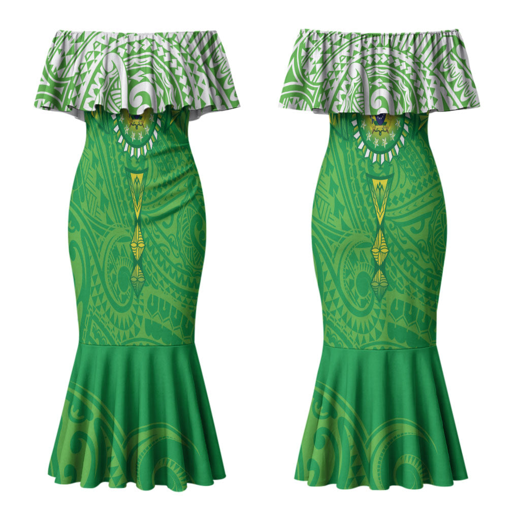 Cook Islands Manta Ray Couples Matching Mermaid Dress and Hawaiian Shirt Kuki Airani Tattoo Green Color LT14 - Polynesian Pride