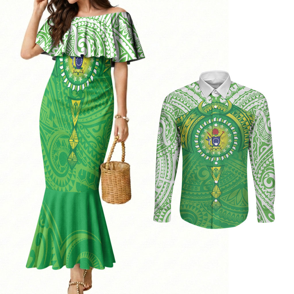 Cook Islands Manta Ray Couples Matching Mermaid Dress and Long Sleeve Button Shirt Kuki Airani Tattoo Green Color LT14 Green - Polynesian Pride
