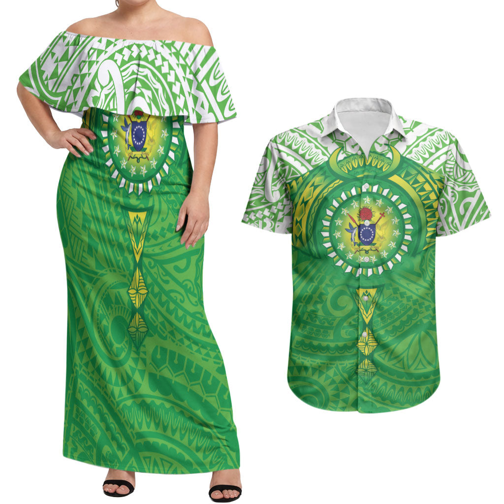 Cook Islands Manta Ray Couples Matching Off Shoulder Maxi Dress and Hawaiian Shirt Kuki Airani Tattoo Green Color LT14 Green - Polynesian Pride