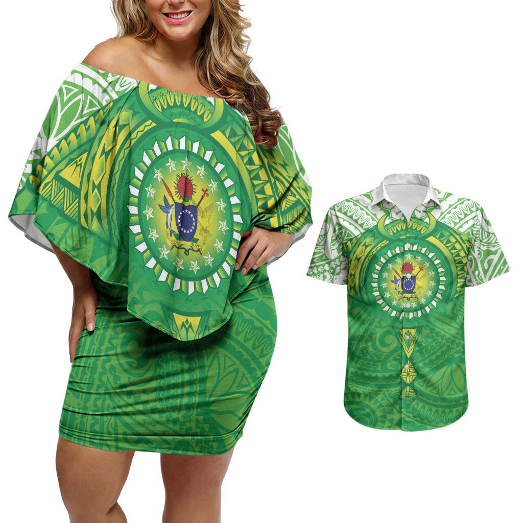 Cook Islands Manta Ray Couples Matching Off Shoulder Short Dress and Hawaiian Shirt Kuki Airani Tattoo Green Color LT14 Green - Polynesian Pride