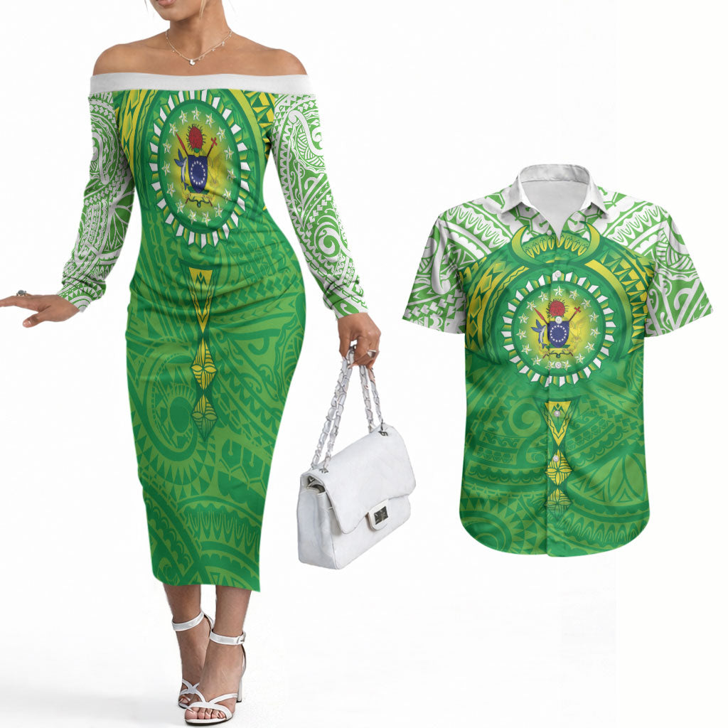 Cook Islands Manta Ray Couples Matching Off The Shoulder Long Sleeve Dress and Hawaiian Shirt Kuki Airani Tattoo Green Color LT14 Green - Polynesian Pride