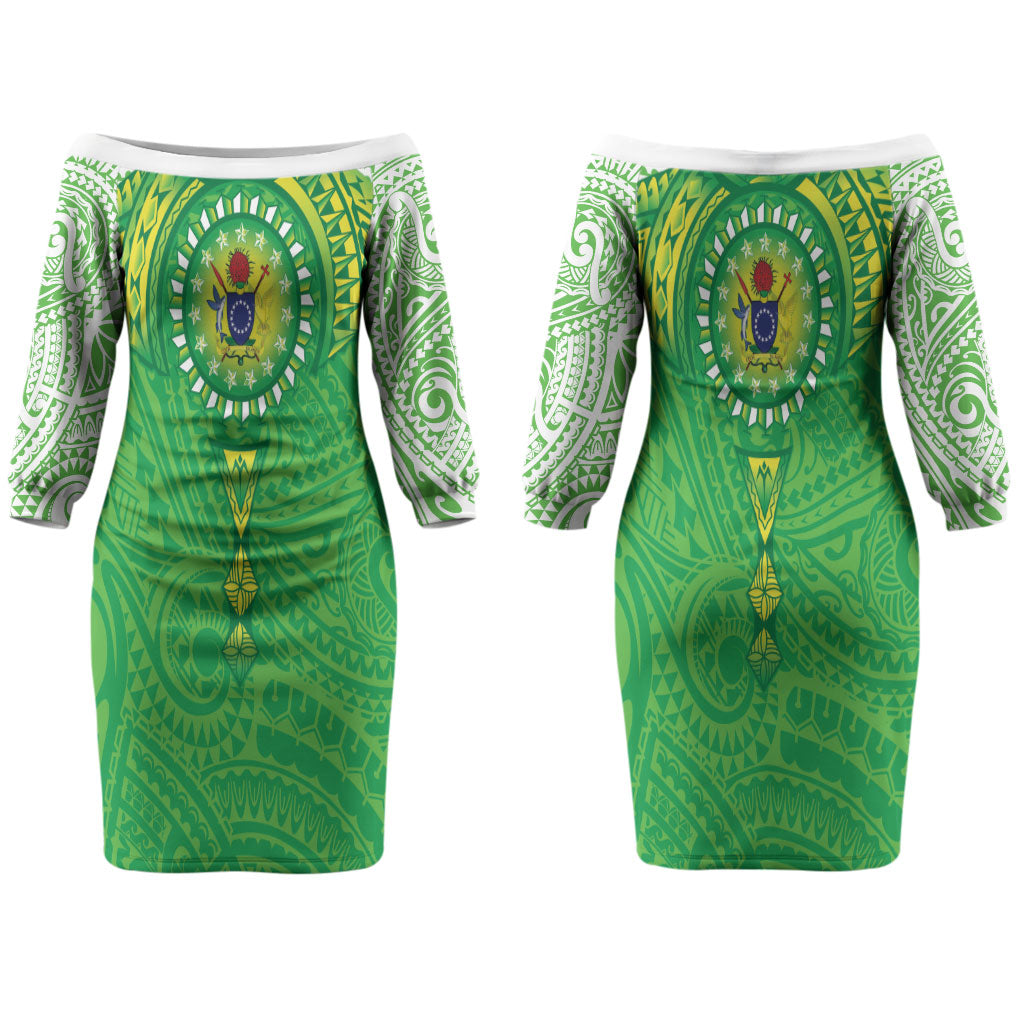 Cook Islands Manta Ray Couples Matching Off The Shoulder Long Sleeve Dress and Hawaiian Shirt Kuki Airani Tattoo Green Color LT14 - Polynesian Pride