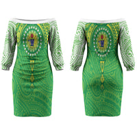 Cook Islands Manta Ray Couples Matching Off The Shoulder Long Sleeve Dress and Hawaiian Shirt Kuki Airani Tattoo Green Color LT14 - Polynesian Pride