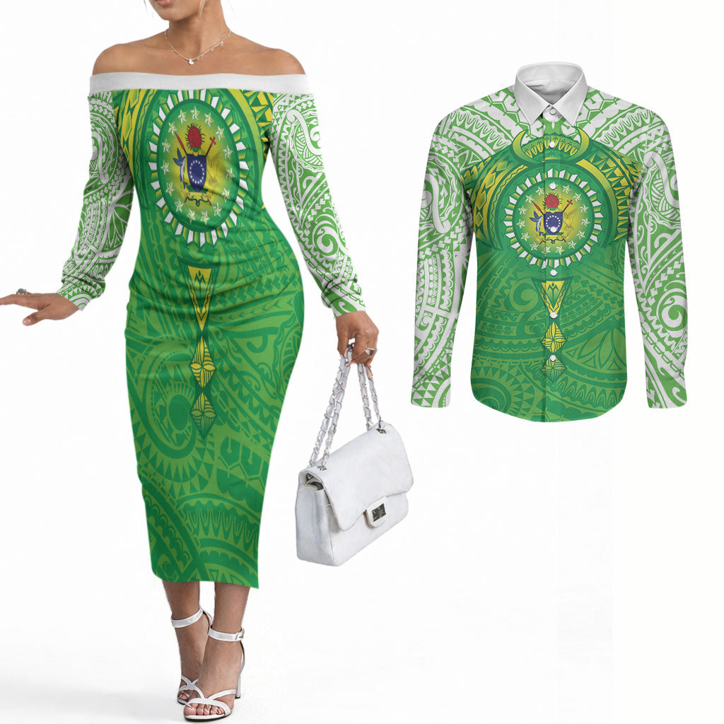 Cook Islands Manta Ray Couples Matching Off The Shoulder Long Sleeve Dress and Long Sleeve Button Shirt Kuki Airani Tattoo Green Color LT14 Green - Polynesian Pride