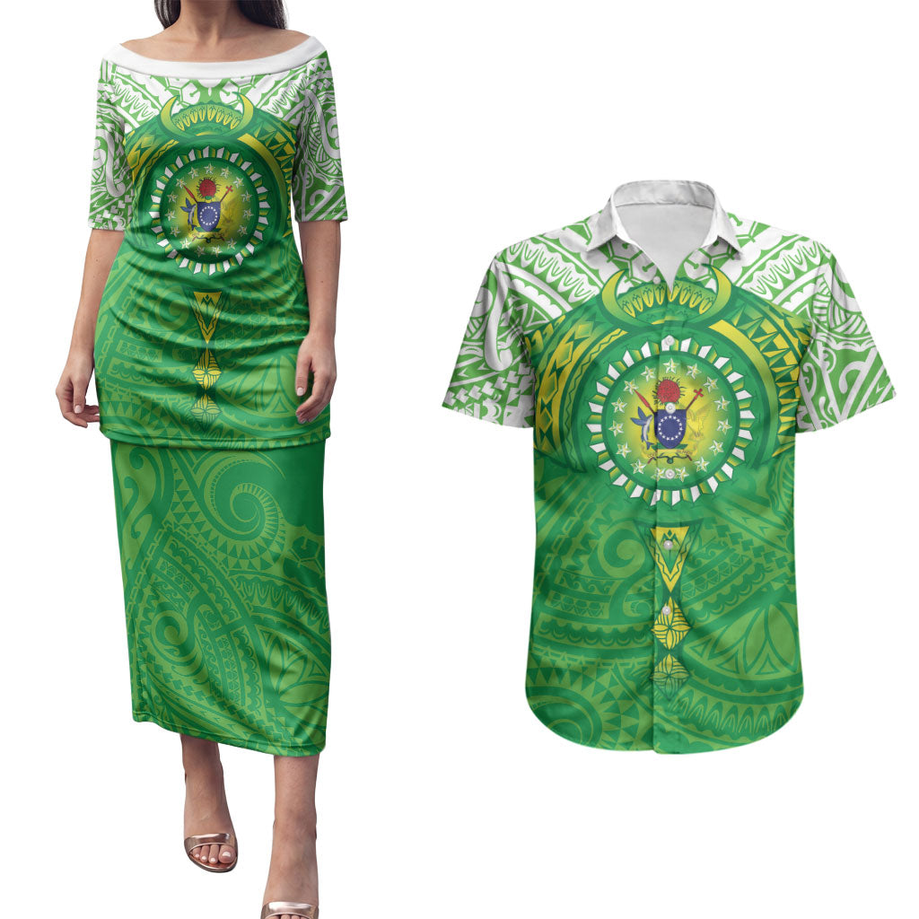 Cook Islands Manta Ray Couples Matching Puletasi and Hawaiian Shirt Kuki Airani Tattoo Green Color LT14 Green - Polynesian Pride