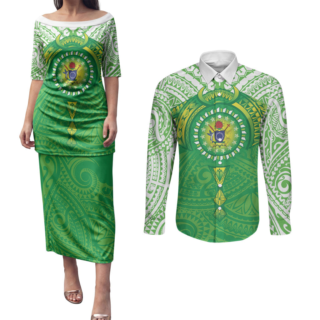Cook Islands Manta Ray Couples Matching Puletasi and Long Sleeve Button Shirt Kuki Airani Tattoo Green Color LT14 Green - Polynesian Pride