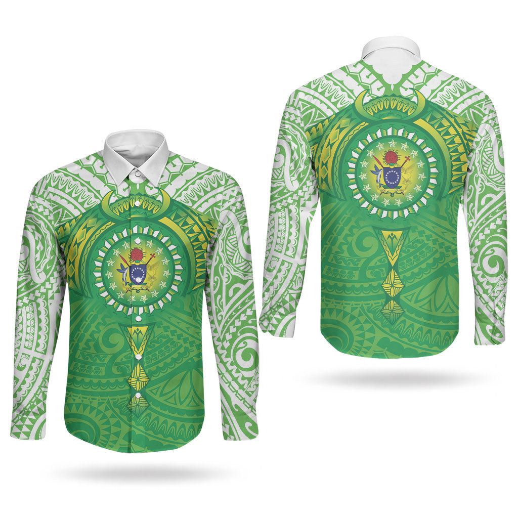 Cook Islands Manta Ray Couples Matching Puletasi and Long Sleeve Button Shirt Kuki Airani Tattoo Green Color LT14 - Polynesian Pride
