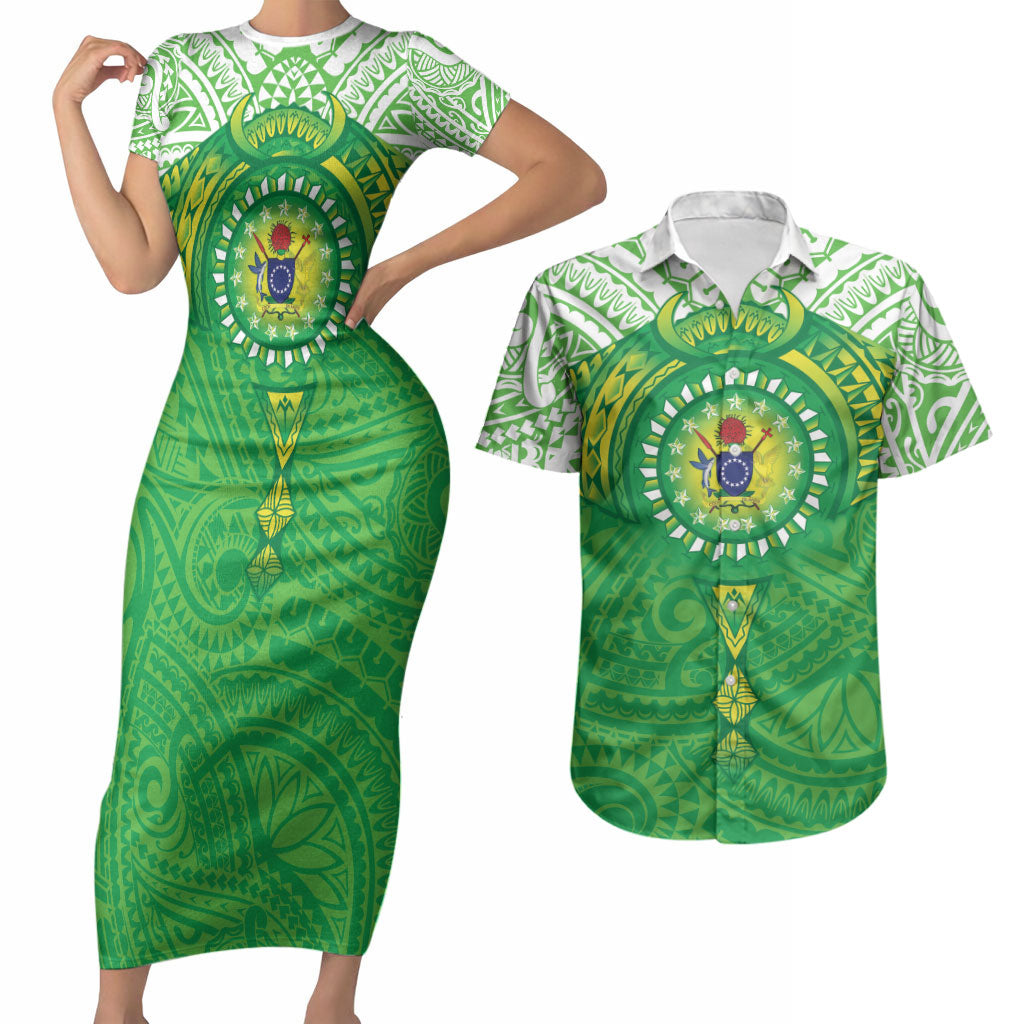 Cook Islands Manta Ray Couples Matching Short Sleeve Bodycon Dress and Hawaiian Shirt Kuki Airani Tattoo Green Color LT14 Green - Polynesian Pride
