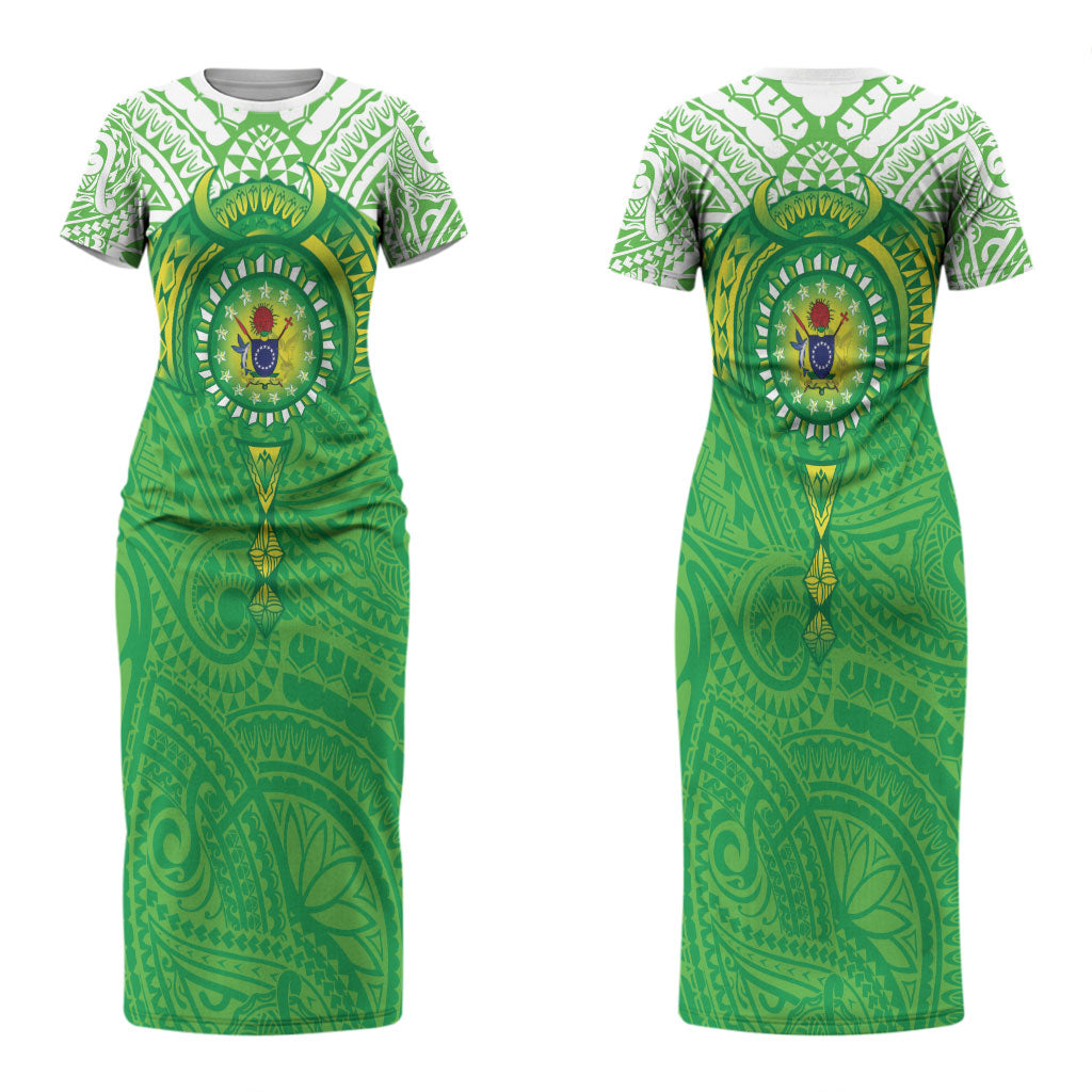 Cook Islands Manta Ray Couples Matching Short Sleeve Bodycon Dress and Hawaiian Shirt Kuki Airani Tattoo Green Color LT14 - Polynesian Pride