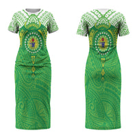 Cook Islands Manta Ray Couples Matching Short Sleeve Bodycon Dress and Hawaiian Shirt Kuki Airani Tattoo Green Color LT14 - Polynesian Pride
