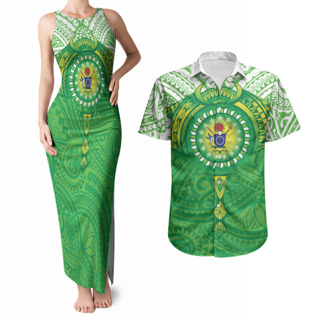 Cook Islands Manta Ray Couples Matching Tank Maxi Dress and Hawaiian Shirt Kuki Airani Tattoo Green Color LT14 Green - Polynesian Pride