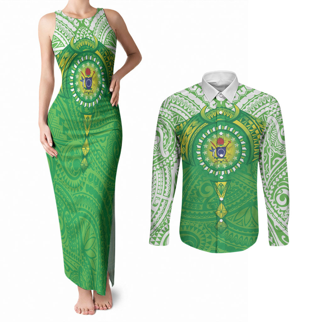 Cook Islands Manta Ray Couples Matching Tank Maxi Dress and Long Sleeve Button Shirt Kuki Airani Tattoo Green Color LT14 Green - Polynesian Pride